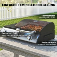 Outsunny Gasgrill 7,5 KW Tragbarer Tischgrill mit 3 Brenner Seitentisch Bratenplatte Emaille-Grillroste Fettauffangschale(m-6)