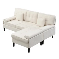 Divano angolare a L in chenille, pouf mobile, cuscini inclusi, 195x149x86 cm, Beige chiaro(m-8)