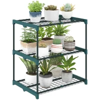 Outsunny 3-Etagen Pflanzenständer, 72 cm hoch Blumenständer für Innen Außen, Pflanzenregal aus Stahl Dunkelgrün(m-11)