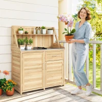 Outsunny Armoire de Jardin en Bois avec Plan de Travail en Métal Galvanisé Tiroir et Étagère 100x45x129,5cm Naturel(m-2)