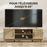 HOMCOM Meuble TV 135 cm, meuble télé pour téléviseur jusqu'à 65 pouces avec 2 portes en rotin, 2 compartiments ouverts, chêne(m-5)