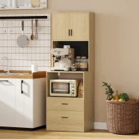 HOMCOM Meuble micro-ondes, buffet, 2 tiroirs, 2 portes, plan de travail, étagère réglable, panneau perforé, 4 crochets, naturel(m-10)