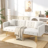 Divano-letto 2 posti, rivestimento in velluto, piedi dorati, 178x82x70 cm, Bianco(m-4)
