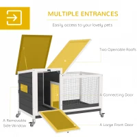 Klatka dla królików PawHut, drewniana, z wybiegem, kółka(m-5)