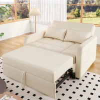 Divano-letto pieghevole multifunzionale, 2-in-1, schienale regolabile, rivestimento in cotone e lino, 127x75x94 cm, Beige(m-1)