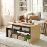 HOMCOM Moderner zweifarbiger Couchtisch mit versetzten Ebenen und Ablagefach, 95 x 55 x 50 cm, Naturholz und Schwarz(m-5)