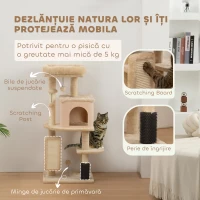 PawHut Arbore pentru Pisici Multinivel, Înălțime 104 cm, cu Căsuță, Pat, Stâlpi de Scris, Perie și Minge, Bej(m-5)