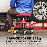 HOMCOM Banco de Oficina Giratório com Rodas Altura Ajustável de 40-51 cm Banco para Mecânico com 2 Bandejas para Ferramentas, Vermelho(m-4)