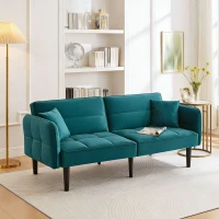 Divano-letto 2-in-1, schienali regolabili, rivestimento in velluto, gambe in legno, 176x78x76 cm, Blu-verde(m-4)
