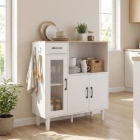 HOMCOM Sideboard Küchenschrank mit Schublade, 2 Schränken, Offenem Fach, geriffelter Acrylglastür 80 x 34 x 91 cm Weiß+Eiche(m-9)