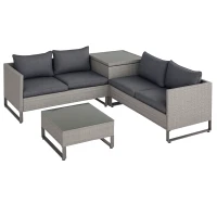 Outsunny 4 Pieces Rattan Garden Furniture Set, 4 Seater Garden Sofa Set with Storage Box, Loveseats and Glass Top Table, Wicker Outdoor Conservatory Furniture with Cushions for Outdoor, Patio, Grey(m-26)