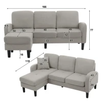 Divano angolare a forma di L con chaise longue, rivestimento in cotone-lino, cuscini inclusi, 166x118x77 cm, Grigio(m-3)