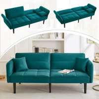 Divano-letto 2-in-1, schienali regolabili, rivestimento in velluto, gambe in legno, 176x78x76 cm, Blu-verde(m-1)