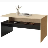 HOMCOM Moderner zweifarbiger Couchtisch mit versetzten Ebenen und Ablagefach, 95 x 55 x 50 cm, Naturholz und Schwarz(m-7)