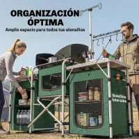 Outsunny Mueble de Cocina para Camping Plegable con 3 Mesas 4 Ganchos Poste de Luz y Bolsa de Transporte 172x48x130 cm Verde(m-5)