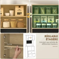HOMCOM Meuble micro-ondes, buffet, 2 tiroirs, 2 portes, plan de travail, étagère réglable, panneau perforé, 4 crochets, naturel(m-6)