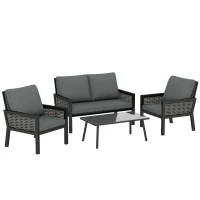 Outsunny 4 Seater Rattan Garden Furniture Set with 2 Armchairs, Loveseat, Coffee Table, Garden Sofa Set with Cushions, Dark Grey(m-1)