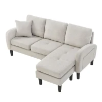 Divano angolare a forma di L con chaise longue, rivestimento in cotone-lino, cuscini inclusi, 166x118x77 cm, Grigio e bianco(m-5)