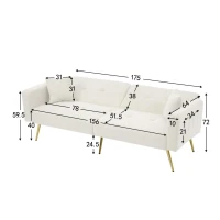 Divano letto con funzione letto, schienale regolabile, gambe dorate, rivestimento in sherpa, 175x64x72 cm, Bianco(m-3)
