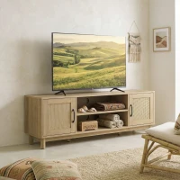 HOMCOM Meuble TV 135 cm, meuble télé pour téléviseur jusqu'à 65 pouces avec 2 portes en rotin, 2 compartiments ouverts, chêne(m-9)