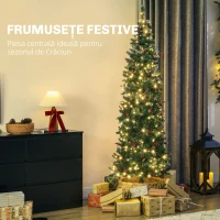 HOMCOM Brad de Crăciun Iluminat cu 300 de Lumini LED, 55 Conuri și 55 Ciorchini de Fructe de Pădure, Ø75x210 cm, Verde și Argintiu(m-4)