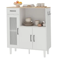 HOMCOM Sideboard Küchenschrank mit Schublade, 2 Schränken, Offenem Fach, geriffelter Acrylglastür 80 x 34 x 91 cm Weiß+Eiche(m-10)