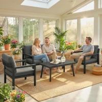 Outsunny 4 Seater Rattan Garden Furniture Set with 2 Armchairs, Loveseat, Coffee Table, Garden Sofa Set with Cushions, Dark Grey(m-9)