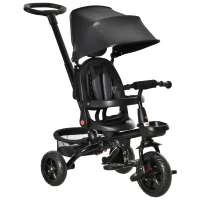 HOMCOM Triciclo Bebé 4 en 1 Bicicleta para Niños 1-5 Años con Asiento Giratorio Capota Ajustable Mango de Empuje Telescópico y Reposapiés Plegable Carga 25 kg 111,5x52x98 cm Negro(m-1)