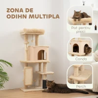 PawHut Arbore pentru Pisici Multinivel, Înălțime 104 cm, cu Căsuță, Pat, Stâlpi de Scris, Perie și Minge, Bej(m-4)