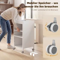 HOMCOM Bücherregal mobil mit verstellbaren Regalen, 3-stufiger Rollwagen mit oberem Korb, Weiß(m-4)