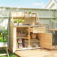Outsunny Armoire de Jardin en Bois avec Plan de Travail en Métal Galvanisé Tiroir et Étagère 100x45x129,5cm Naturel(m-10)