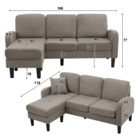 Divano angolare a forma di L con chaise longue, rivestimento in cotone-lino, cuscini inclusi, 166x118x77 cm, Grigio scuro(m-3)