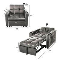 Divano letto estraibile 3-in-1, con portabicchieri e porta smartphone, rivestimento in velluto, struttura in metallo, 83x167x76 cm, Grigio scuro(m-3)
