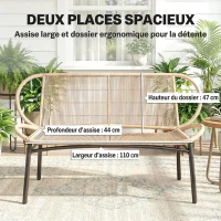 Outsunny Banc de jardin 2 places, banc d'extérieur en résine tressée avec cadre en métal, résistant aux intempéries, naturel(m-6)
