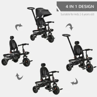HOMCOM 4 in 1 Kids Trike Toddler Foldable Pedal Tricycle w/ Reversible Angle Adjustable Seat Removable Handle Canopy Belt Brake for 1-5 Years - Black(m-4)