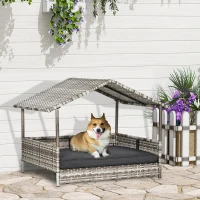 PawHut Wicker Dog House, Rattan Pet Bed, with Removable Cushion, Canopy, for Small and Medium Dogs - Dark Grey(m-10)