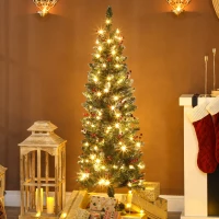 HOMCOM Albero di Natale Illuminato con 150 Luci LED, 30 Pigne e 30 Grappoli di Bacche, Ø60x150 cm, Verde e Argento(m-9)