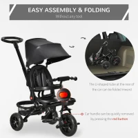 HOMCOM Triciclo Bebé 4 en 1 Bicicleta para Niños 1-5 Años con Asiento Giratorio Capota Ajustable Mango de Empuje Telescópico y Reposapiés Plegable Carga 25 kg 111,5x52x98 cm Negro(m-4)
