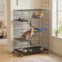 PawHut Jaula para gatos de 4 niveles con hamaca, cama, rampas y plataformas en metal con ruedas y bandeja extraíble, Negro(m-2)