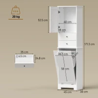 HOMCOM Mobile Bagno con Cesto per Biancheria Pieghevole, Armadietto e 2 Cassetti, in Legno, 45x30x171 cm, Bianco(m-3)