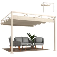 Outsunny Pergola Addossata 3x3 m con Tetto Retrattile Scorrevole UV30+ e Fori di Drenaggio, Beige(m-1)
