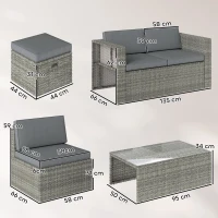 Outsunny Set da Esterno 6pz con Divano, 2 Sedie, Tavolino con Piano in Vetro e 2 Pouf, Grigio Scuro(m-3)