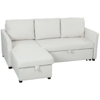 HOMCOM Divano Letto Angolare Effetto Lino con Vano Portaoggetti a Scomparsa, 192x148x86 cm, Bianco Crema(m-1)