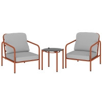Outsunny Salón de Jardín 3 Piezas, 2 Sillones, 1 Mesa Baja, Cojines Gruesos, Bandeja de Vidrio Templado, 63x77x76cm, Rojo Vino