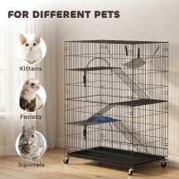 PawHut Cage pour Chats à 4 Niveaux avec Hamac, Lit, Rampes et Plateformes en Métal avec Roulettes et Plateau Extractible, Noir(m-4)