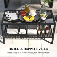 Outsunny Tavolino da Caffè a 2 livelli con Piano in Vetro Temperato e Ripiano, in Acciaio e Rattan, 92x50x45 cm, Nero(m-4)
