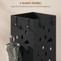 HOMCOM Portaombrelli Quadrato Stilizzato in Metallo con Vassoio Antigoccia Rimovibile e 4 Ganci, 15.5x15.5x49 cm, Nero(m-5)