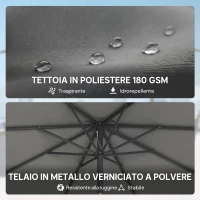 Outsunny Ombrellone Rotondo Inclinabile 3x3 m con Manovella, in Metallo e Poliestere, Grigio Scuro(m-7)