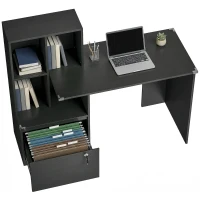HOMCOM Escritorio para ordenador con estantería de 4 compartimentos y cajón con cerradura, 126 x 50 x 109 cm, negro(m-7)