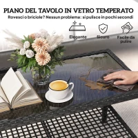 Outsunny Tavolino da Caffè a 2 livelli con Piano in Vetro Temperato e Ripiano, in Acciaio e Rattan, 92x50x45 cm, Nero(m-6)